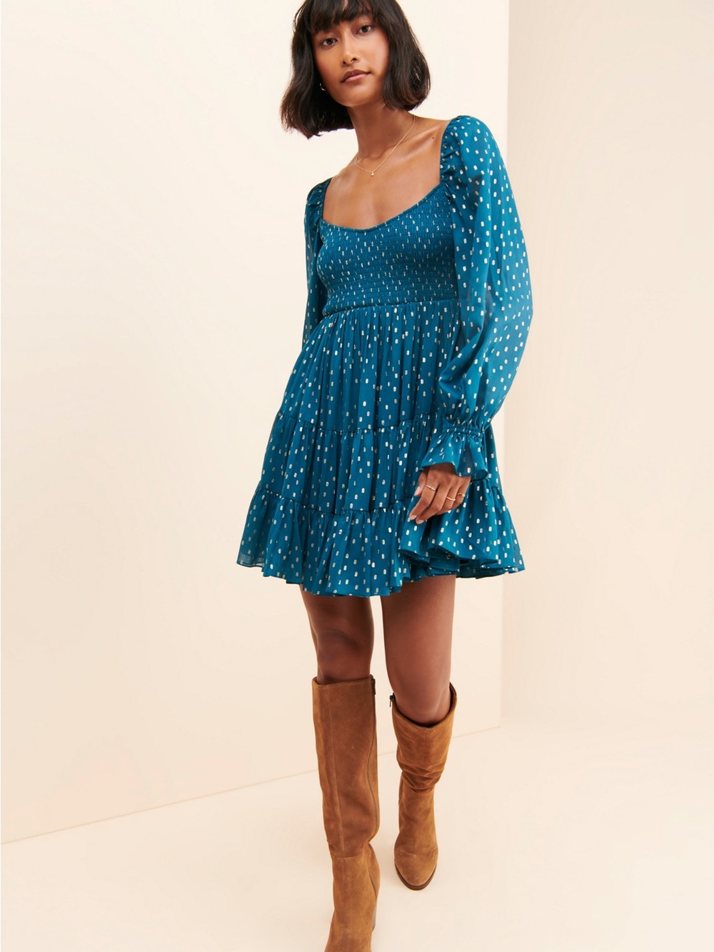 Anthropologie GPD Teal Polka Dot Long-Sleeve Smocked Tiered Mini Dress